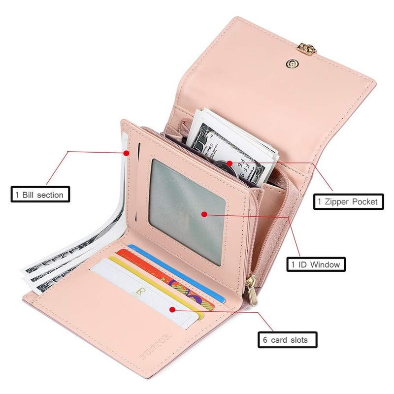 FT FUNTOR محفظة FT FUNTOR RFID للنساء، حافظة بطاقات على شكل ورقة، محفظة ثلاثية الطيات للسيدات، جيب بسحاب للنقود مع نافذة للهوية، وردي غامق - Image 2